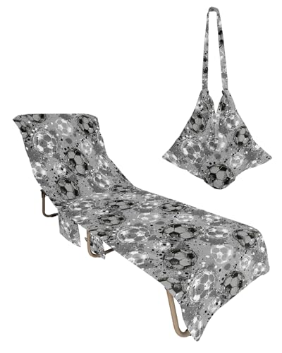 Black White Grey Football Beach Lounge Chair Towel Cover, Soft Chaise Lounge Towel with Side Pockets Patio Pool Chairs Cover for Beach/Pool Sunbathing 29x85 Watercolor Soccer Sport