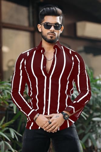 Image of MiraMichi Men's Striped Slim Fit Lycra Shirt | Full Sleeve Stretchable Shirt | Trendy Black and White Vertical Stripes for Casual