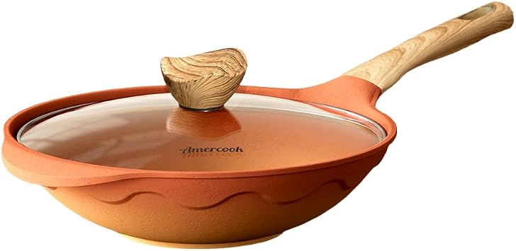 Amercook 12.6-inch non stickpottery clay pot, suitable for steaming, boiling, stir frying, and pan frying, with a transparent lid to keep cool. dishwasher cleaning, compatible with all stove