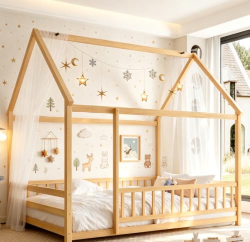 Bellemave Full House Bed for Kids, Wooden Kids Floor Bed with Rails, Montessori Floor beds with high guardrail Without slats, Natural