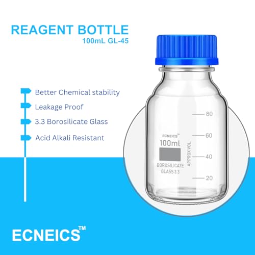 Image of Borosilicate Glass reagent bottle 100ml with leak proof Blue Screw Cap pack of 2 for glassware wide mouth chemical bottles for lab, laboratory, kitchen and professional use