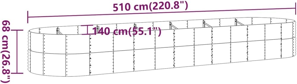 Diagram showing the dimensions of the vidaXL Garden Raised Bed: 510 cm (220.8 inches) length, 140 cm (55.1 inches) width, and 68 cm (26.8 inches) height.