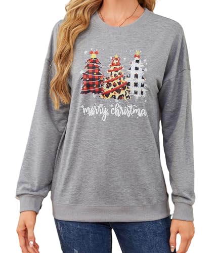 Asoodiy Christmas Sweatshirts Women Xmas Top Ladies Merry Christmas Tree Printed Top Holiday Pullover Xmas Sweatshirts Grey M