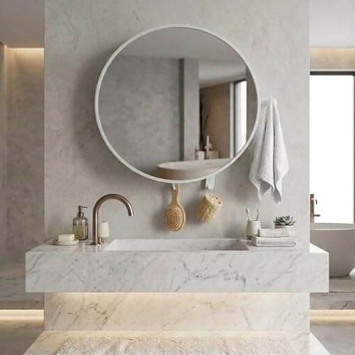 Image of BRANCO Pearl Round Bathroom Mirror Cabinet with One Towel Holder & 2 Accessories Hooks | Wall-Mounted Modern Design Cabinet with Storage | Bathroom Organizer with 6 Toothbrushed and Toothpaste Holder