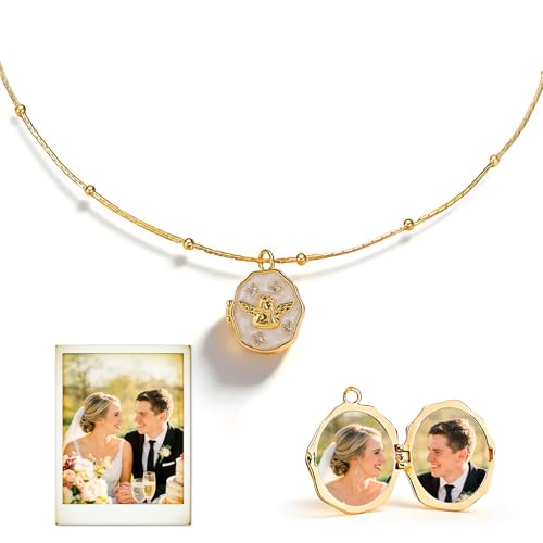 WBW Personalized Photo Locket Necklace Custom Picture Necklace for Women, Vintage Locket Memorial Keepsake Gift for Mom Grandma Wife Her Birthday Mothers Day (Angel 1)