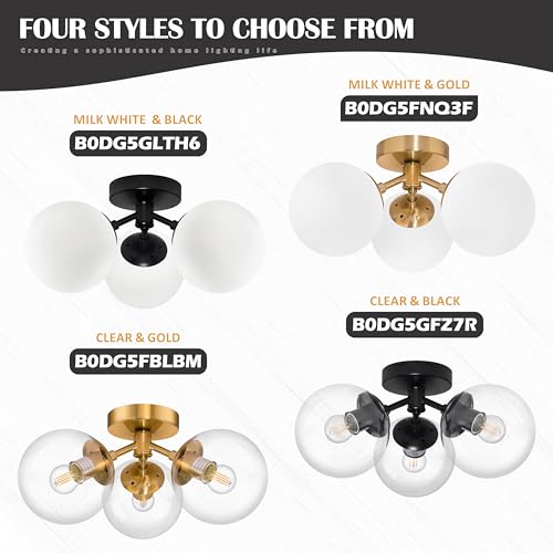 Bagood 3 Light Mid Century Modern Gold Globe semi Flush Mount Ceiling Brass Chandelier 3-Light Milk Glass Globe Lights Sputnik Ceiling Light Fixture for Bedroom Living Room Hallway by Bagood - Used condition - Image 7