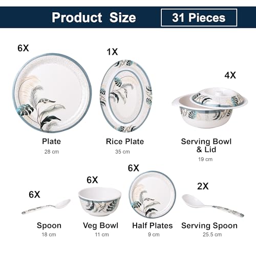 Image of Golden Fish 31 Pcs Complete Dinner Set for 6 with Rice Plate | 6 Full Plates, 6 Quarter Plates, 6 Veg Bowls, 2 Donga with Lid, 2 Serving Spoons & 6 Eating Spoons | Full Meal Serving Combo