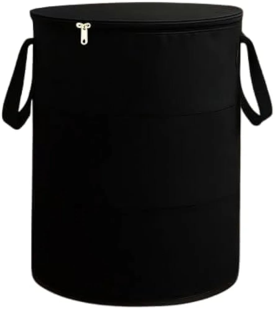 JoyeCrafts Black Round Foldable Laundry Basket with Zipper Lid & Handles – Large Capacity Clothes Hamper