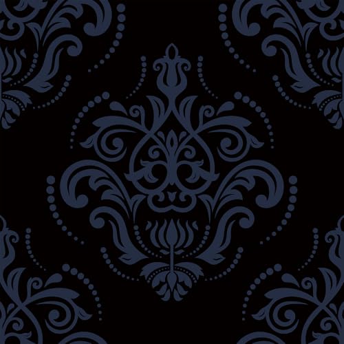VaryFloral Peel and Stick Traditional Damask Wallpaper, Black Navy Blue Retro Wallpaper, Dark Moody Damask Contact Paper for Cabinets Locker, Prepasted Bedroom Wall Covering, Self Adhesive, 12x118