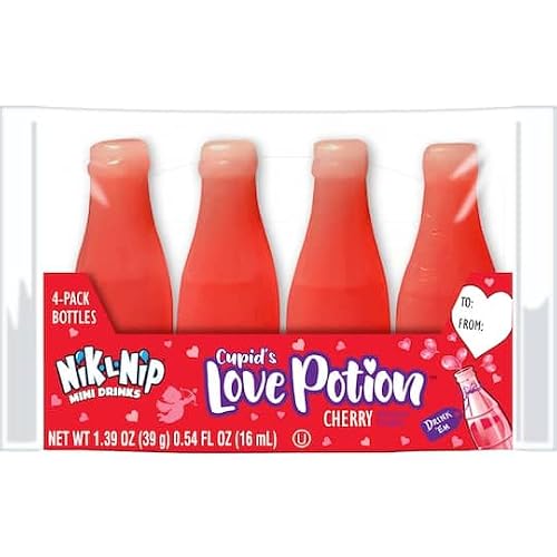 Nik-L-Nip Classic Wax Bottle Valentine's Day Candy 18 Count - Cherry Love Potion Candy Class Room Exchange 4-Pack Bottles - 18 Count #TOP2