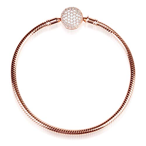 Gnoce Charm Bracelet Sterling Silver Rose Gold Plated Diy Snake Chain Endearing Gifts For Her Basic Charm Bracelet Dainty Bangle With Crystal Round Shape Clasp (2Rose Gold, 7.1) #TOP7