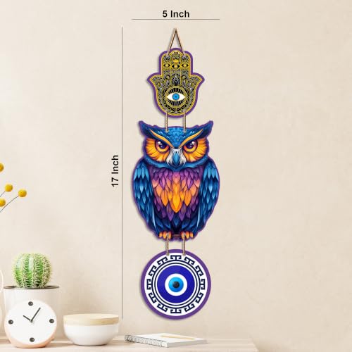 Image of Artvibes Lucky Owl Nazar Battu Wall Hanging for Main Door & Entrance | Evil Eye MDF Decorative Wall Art | Positive Energy Vastu Decor for Living Room | Balcony | Office | Hallway | Gift (WH 8529N)