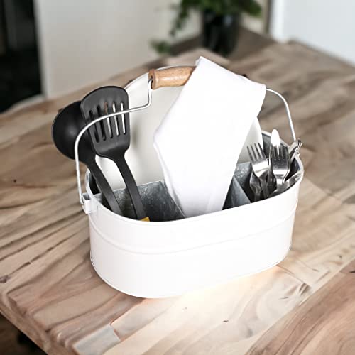 Farmhouse Utensil Caddy Carry-All Serveware - Galvanized Metal Organizer For Kitchen Counter - Comfortable Wooden Handle Indoor/Outdoor Storage For Flatware, Condiments, Party Cutlery, Arts - White #TOP2