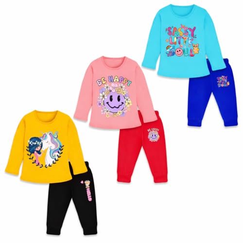 Image of TS LAVI TAVI Cotton Clothing Set for Girls Dress Full Sleeve T-shirt Top and Pyjama (Pack of 3)