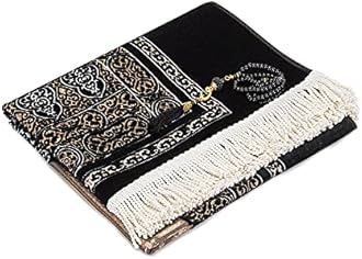 ihvan online Muslim Prayer Rug with Prayer Beads | Janamaz | Sajadah | Soft Islamic Prayer Rug | Islamic Gifts | Prayer Carpet Mat, Kaaba Door Pattern, Chenille Fabric, Black