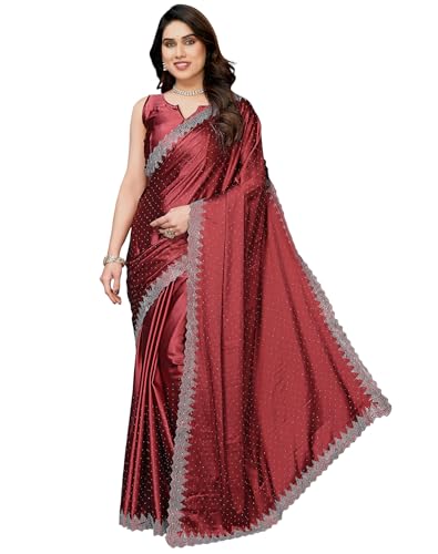 Yashika Women's Hot Fix Work and Solid Color Satin Moss Saree Wit...
