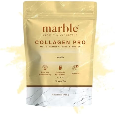 marble® Kollagen Pulver PRO 450 g - Collagen Pulver plus Vitamin C, Zink & Biotin - Collagenpeptide - 60 Tage risikofrei testen - aus Weiderind mit perfekter Löslichkeit – Vanilla
