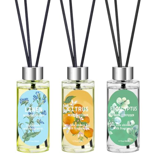Reed Diffuser Set of 3, Eucalyptus, Linen & Citrus Scented Oil Diffusers with 15 Reeds, Long-Lasting Home Fragrance for Bedroom & Bathroom Decor, 1.7 fl oz Each, Total 5.1 oz