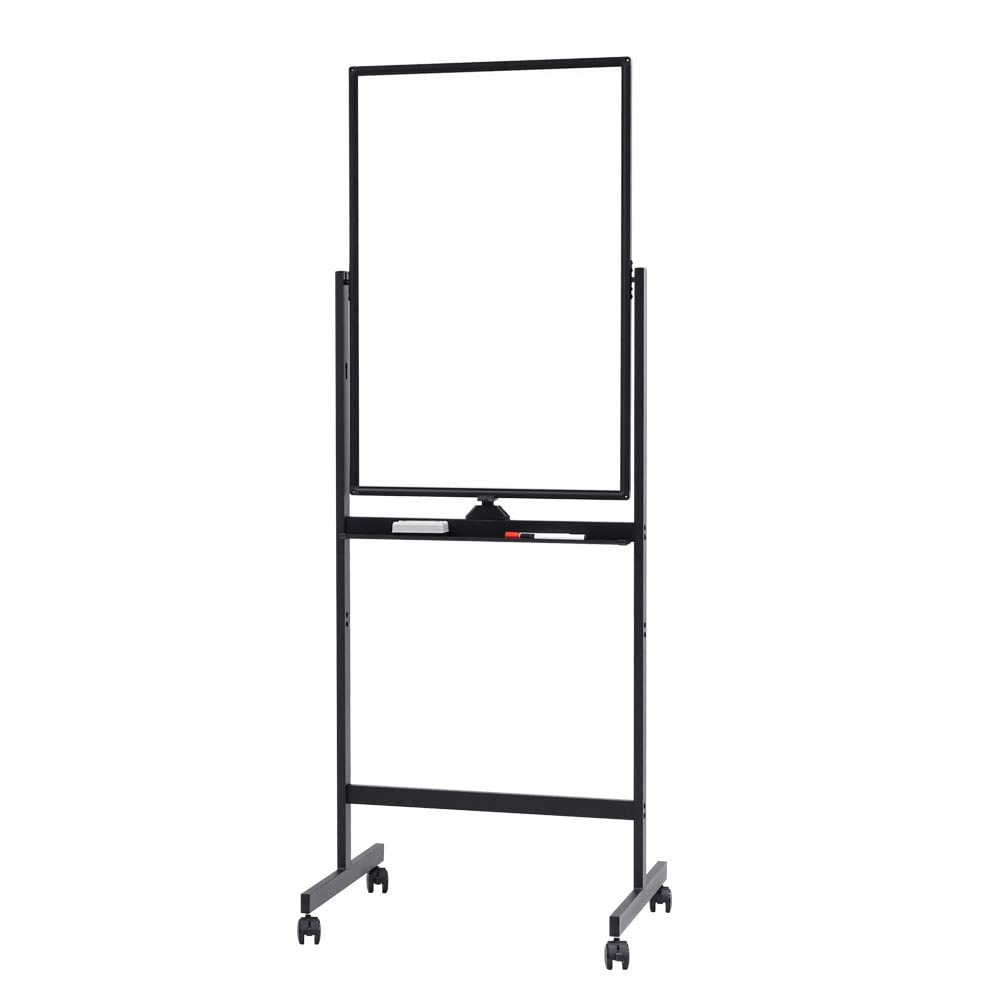 Magnetic Whiteboard Both Sides Compatible Feet Adjustable Height Width 600 x Height 900 Steel Black WB-SR6090 LOOKIT [For Business Use Only] | Whiteboard Magnetic Bulletin Board Marker and Eraser Set with Wheels Rotatable Office School Meeting Room Pentray black frame (steel) W600×H900
