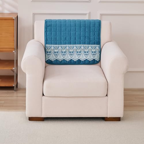 Image of HOKIPO 'BelleLace Series' Imperial Milk Velvet Anti-Slip Sofa Backrest Covers with Lace | 1 Pc - Celadon Blue (AR-6311-BL*1S)