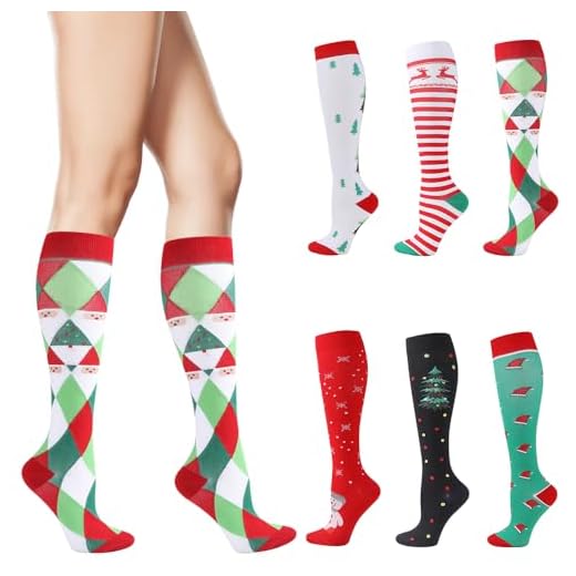 Kleemeiero 6 Pares Calcetines Navidad Calcetines de Compresión Mujer 30-40mmHg Medias Hasta la Rodilla Calcetines Térmicos de Navidad Calcetines Altos Papá Noel Calcetines Regalo para Navideñas(35-39)