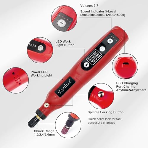 Image of Verilux 50Pcs USB Rechargeable Rotary Tool Kit, 3.7V Cordless Mini Drill Machine with LED Light, 5-Speed Adjustable Motor for DIY Engraving, Polishing & Soft Material Drilling, for Home Crafting, Red