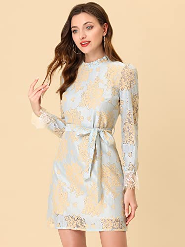 Allegra K Women's Ruffle Crew Neck Formal Elegant Mini Floral Lace Dress Small Light Blue #TOP1