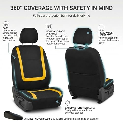 Image of FH Group Car Seat Covers Full Set Cloth - Universal Fit Automotive Seat Covers, Low Back Front Seat Covers, Solid Back Seat Cover, Washable Car Seat Cover for SUV, Sedan and Van Yellow