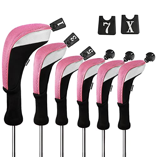 Andux 6pcs/Set Golf Club Head Covers Woods Hybrid Long Neck Black/Pink