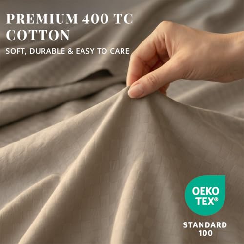 Image of LANE LINEN 400TC 100% Cotton Micro Check King Size Bedsheet - Taupe | OEKO-Tex Certified, 108 x 108 Inch, Fits King & Double Size Bed, Breathable & Wrinkle-Free, Includes 2 Pillow Covers