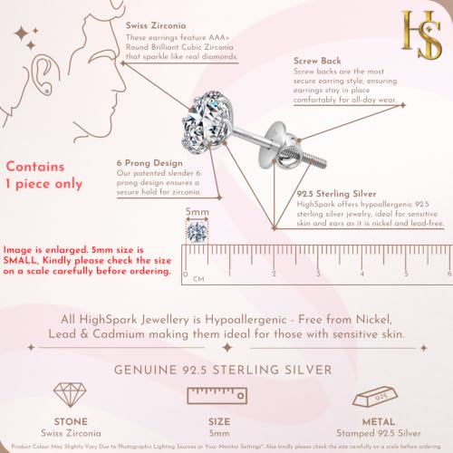 Image of HIGHSPARK 925 Silver Solitaire Screwback Stud Earring | 92.5 Sterling Silver & Diamond Like Brilliance Zirconia Top | Single Stud for Men | 5mm