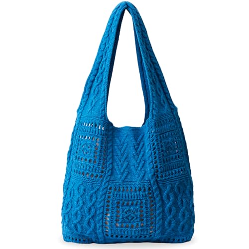 Miaomoo Bolsa de malla de ganchillo a la moda para playa, color blanco, bonita bolsa de punto estético para mujer, bolso de hombro tejido hippy, Azul, Medium