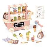 OOOK Wooden Ice Cream Cart for Kids, Ice Cream Truck Toy with Scooper & Wheels, Play Kitchen Accessories for Pretend Play with Menu & Pretend Money, Imaginative Preschool Toys for Girls & Boys 3+