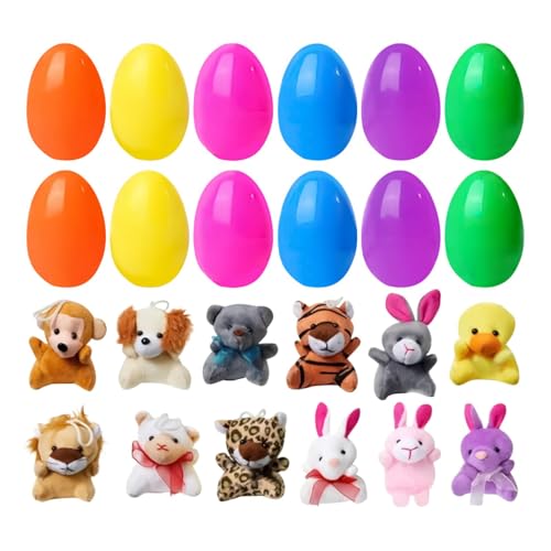 Huevos de Pascua precargados con juguetes de peluche, 12pcs huevos de Pascua rellenos, rellenos para canastas de Pascua, rellenos de huevos de Pascua para niños Juego de búsqueda de huevos de Pascua