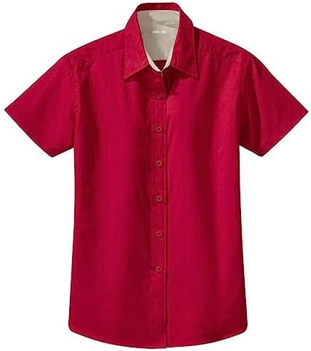 Womens Short Sleeve Wrinkle Resistant Easy Care Shirts-M-Red/LitStone
