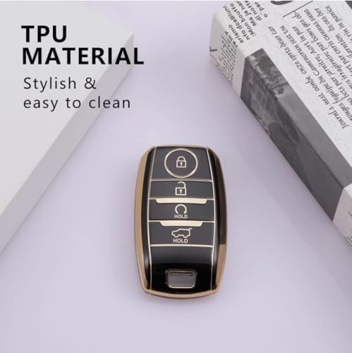 Image of TPU Car Key Cover Black & Golden Compatible for KIA Seltos (KIA, 4 Button Push Smart Key)