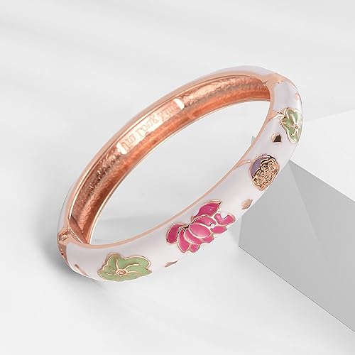 UJOY Vintage Cloisonne Bracelets Cuff Golden Metal Bangles Indian Flower Pink Enameled Jewelry Box for Women4