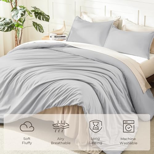 Image of Litanika Light Grey Comforter Queen Size, 3 Pieces Lightweight Solid Bedding Comforter Set, All Season Fluffy Bed Set (90x90In Comforter & 2 Pillowcases)