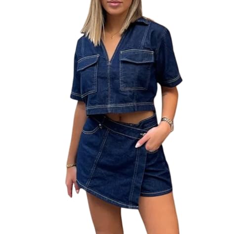 Mxiqqpltky Denim Skirt Sets Women 2 Piece Outfits Y2k Short Sleeve V Neck Crop T Shirt and High Waist Mini Jean Skirts Skorts - Main Image
