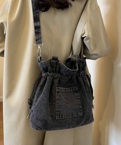 Women's Denim Canvas Tote Bucket Bag Drawstring Crossbody Shoulder Purse Vintage Shoulder Handbag Commute Travel Bag2