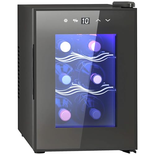 HOMCOM Mini Table Top Wine Fridge, 6 Bottle, 17L, 8-18℃, 26.5cm Quiet Under Counter Wine Cooler Fridge with Glass Door, LED Light, Digital Touch Screen, Temperature Control