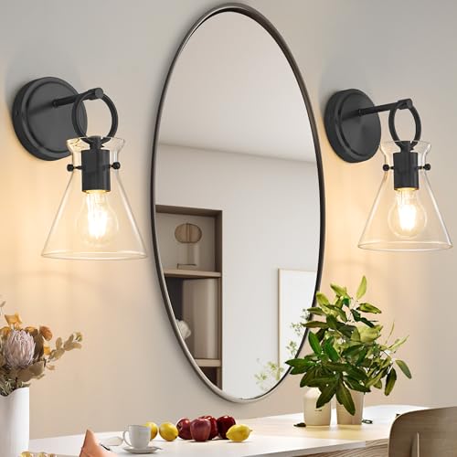 Image of Wall Sconces 2 Pack Vanity Light Fixtures for Bathroom Black | Wall Mount Lighting Lamp, Farmhouse Wall Lights 6'' Clear Glass, Hardwired for Mirror