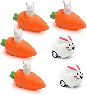 4 Carrot Pull Back Cars and 2 Rabbits Set, Easter Creative Bunny Pull Back Car Toy Party Egg Basket Gifts for Boys and Girls