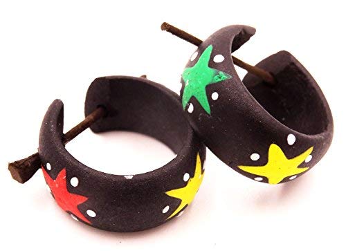 MADE IN ZEN Pendientes de aro de madera de Wooden Earrings falsos dilatadores Expander Fake Rasta Reggae Jamaica Cover