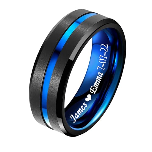 8mm Black Tungsten Wedding Rings for Men Blue Grooved Center