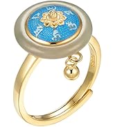 AMINKINA 14K Gold over S925 Ethnic Style Jade Six-Character Mantra Prayer Wheel Ring, Rotating Ad...