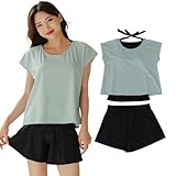 [Teddy] 水着 レディース 体型カバー UPF50+ 半袖ラッシュガード ショートパンツ 2点セット レイヤード風 hys3036 (LL(13号), ライトブルー)