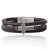 Lucky Brand Textured Cross Triple Row Brown Bracelet for Men 8.5' Antique Silver Flash-Plated, Cross Jewelry