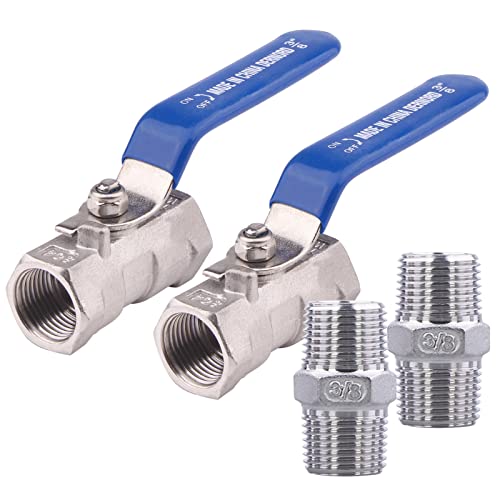 DERNORD 1PC Type Stainless Steel 3-8 Inch Ball Valve NPT Standard Port with Male Hex Nipple for Water, Oil, and Gas (Pack of 2)