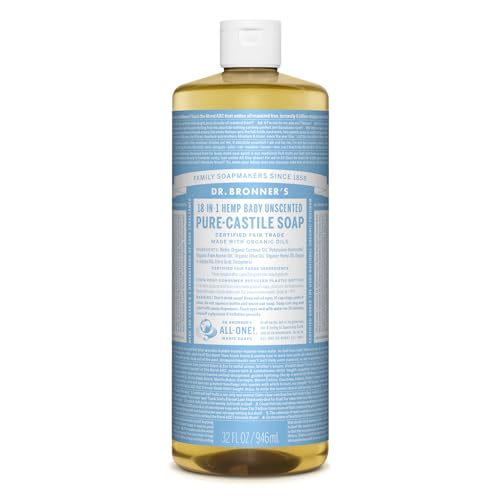 Image of Dr. Bronner's - Pure-Castile Liquid Soap (Baby Unscented, 32 ounce, 2-Pack) - Made with Organic Oils, 18-in-1 Uses: Face, Hair, Laundry and Dishes, For Sensitive Skin and Babies, No Added Fragrance